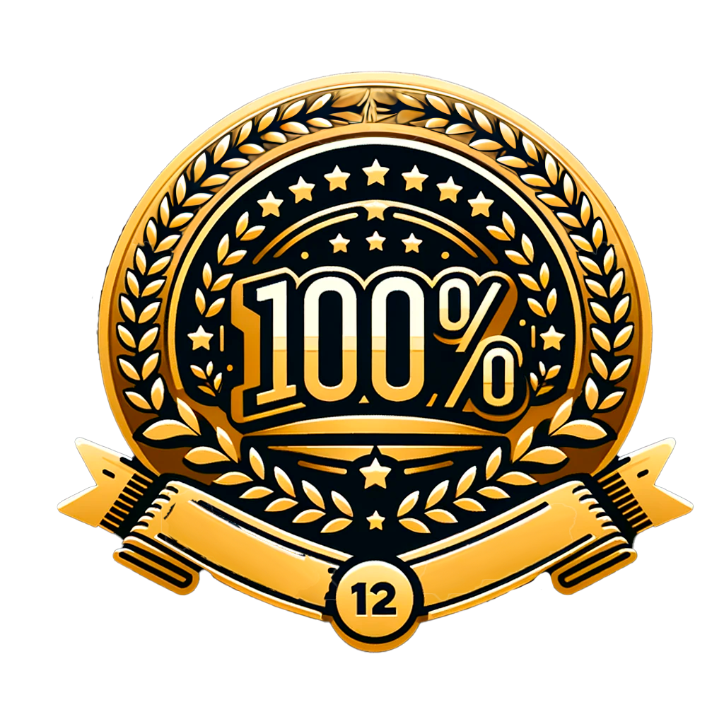 DALL·E 2023-12-08 02.49.03 - Icon for '100% Approval Rate with Over 12 Years of History'_ A golden badge with '100%' in bold at the center, surrounded by a laurel wreath and a rib